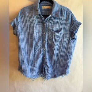 NWOT We The Free Oversized Periwinkle Sky Blue Cotton Linen Gauze Shirt XS